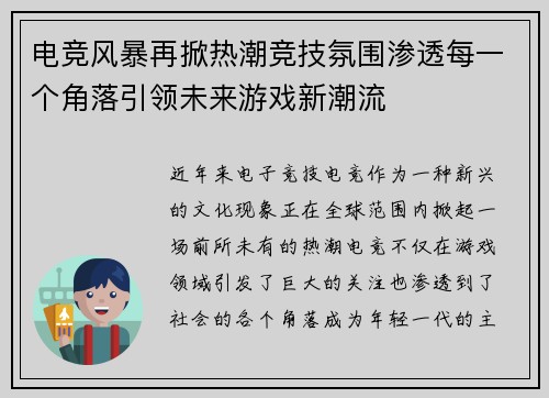 电竞风暴再掀热潮竞技氛围渗透每一个角落引领未来游戏新潮流