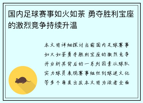 国内足球赛事如火如荼 勇夺胜利宝座的激烈竞争持续升温
