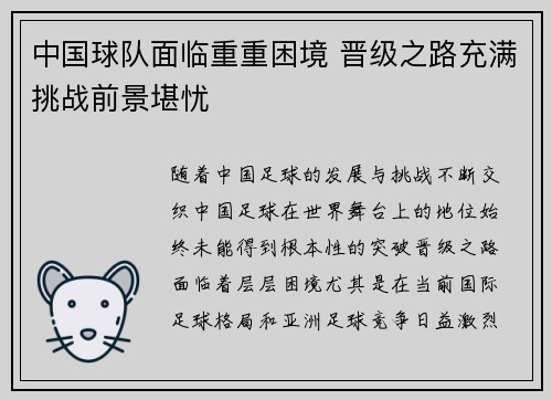 中国球队面临重重困境 晋级之路充满挑战前景堪忧