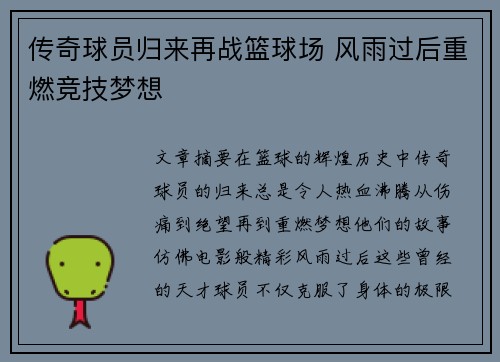 传奇球员归来再战篮球场 风雨过后重燃竞技梦想