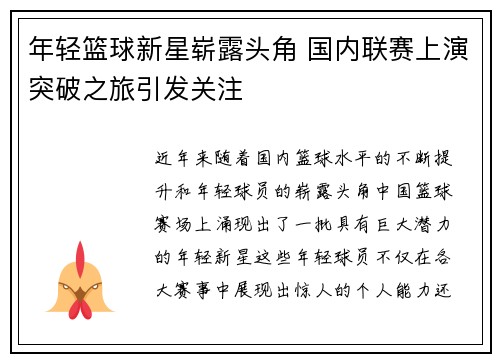 年轻篮球新星崭露头角 国内联赛上演突破之旅引发关注