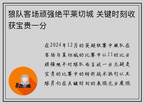 狼队客场顽强绝平莱切城 关键时刻收获宝贵一分