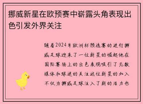 挪威新星在欧预赛中崭露头角表现出色引发外界关注