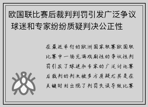 欧国联比赛后裁判判罚引发广泛争议 球迷和专家纷纷质疑判决公正性
