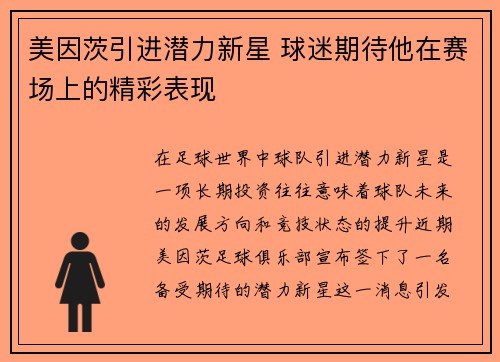 美因茨引进潜力新星 球迷期待他在赛场上的精彩表现