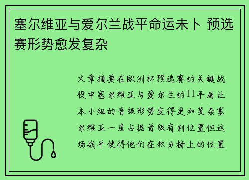 塞尔维亚与爱尔兰战平命运未卜 预选赛形势愈发复杂