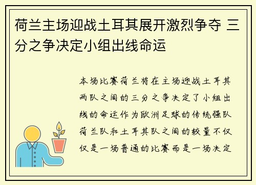 荷兰主场迎战土耳其展开激烈争夺 三分之争决定小组出线命运