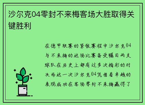 沙尔克04零封不来梅客场大胜取得关键胜利