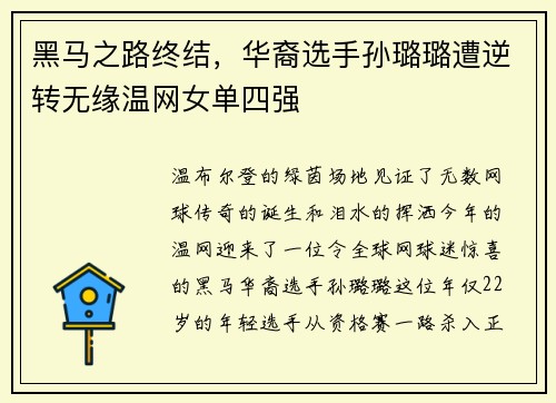 黑马之路终结,华裔选手孙璐璐遭逆转无缘温网女单四强