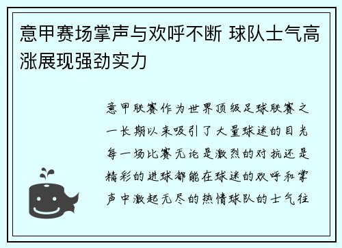 意甲赛场掌声与欢呼不断 球队士气高涨展现强劲实力