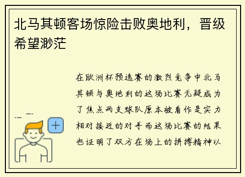 北马其顿客场惊险击败奥地利,晋级希望渺茫