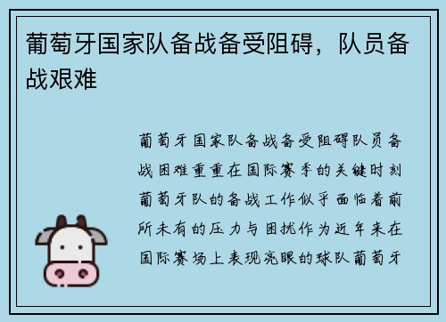 葡萄牙国家队备战备受阻碍,队员备战艰难