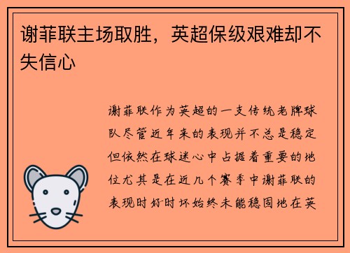 谢菲联主场取胜,英超保级艰难却不失信心