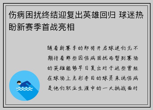 伤病困扰终结迎复出英雄回归 球迷热盼新赛季首战亮相