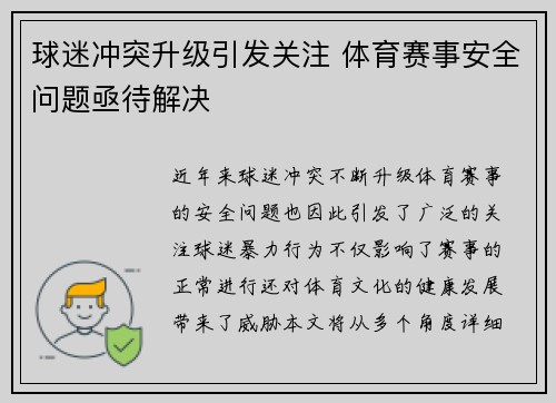 球迷冲突升级引发关注 体育赛事安全问题亟待解决