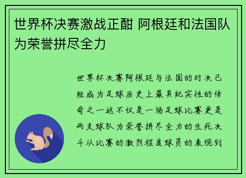 世界杯决赛激战正酣 阿根廷和法国队为荣誉拼尽全力