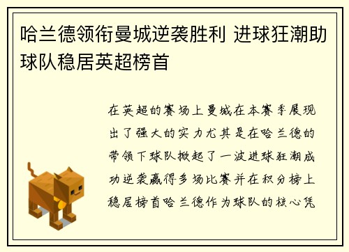 哈兰德领衔曼城逆袭胜利 进球狂潮助球队稳居英超榜首