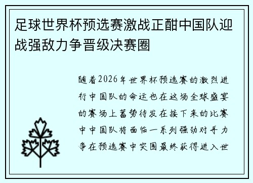 足球世界杯预选赛激战正酣中国队迎战强敌力争晋级决赛圈