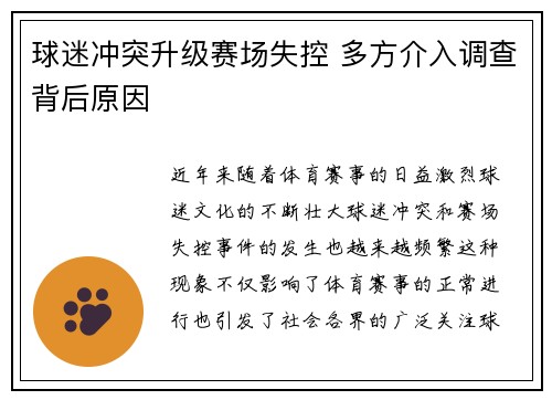 球迷冲突升级赛场失控 多方介入调查背后原因