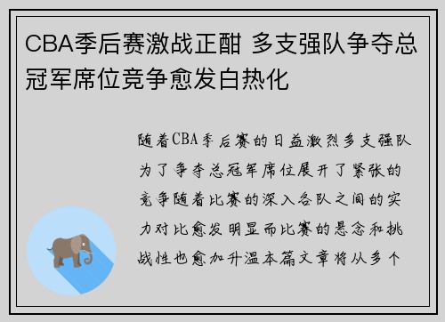 CBA季后赛激战正酣 多支强队争夺总冠军席位竞争愈发白热化